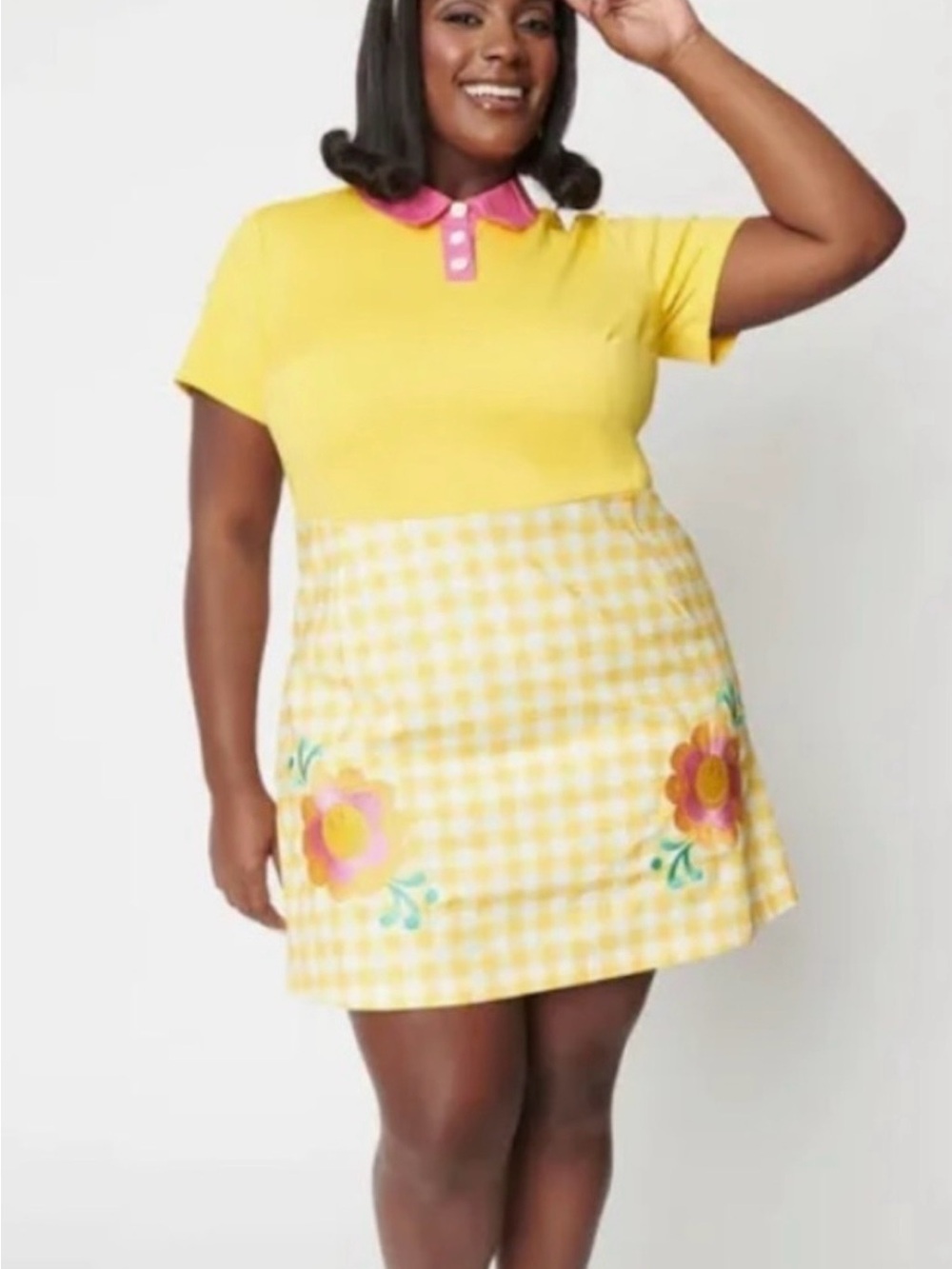 Unique Vintage Yellow Gingham Mini Dress with Floral Appliqué
